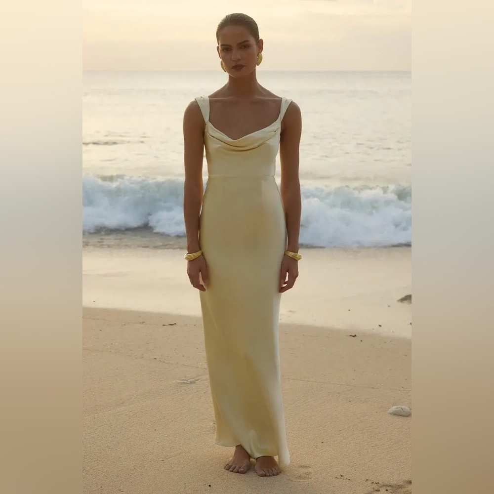 NWT RUNAWAY MARGOT cowel neck satin yellow MAXI DRESS LEMON Sz S formal